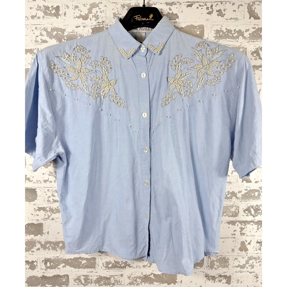 Jane Ashley Shirt Womens Large Blue Embroidered Rhinestone Western Floral Yoke